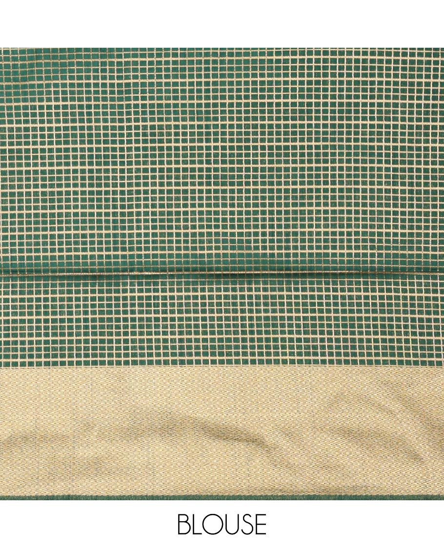 Forest green zari buttas dola silk saree, vanki zari border, checked blouse & pallu of iruthalai pakshi, kuthirai, kili & yaanai designs