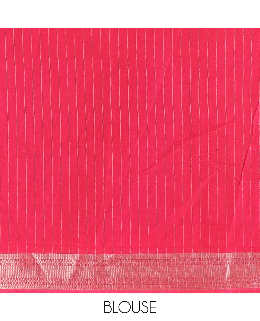 Grey vertically striped moss chiffon saree with contrast traditional zari design borders, striped pallu, and a contrast blouse