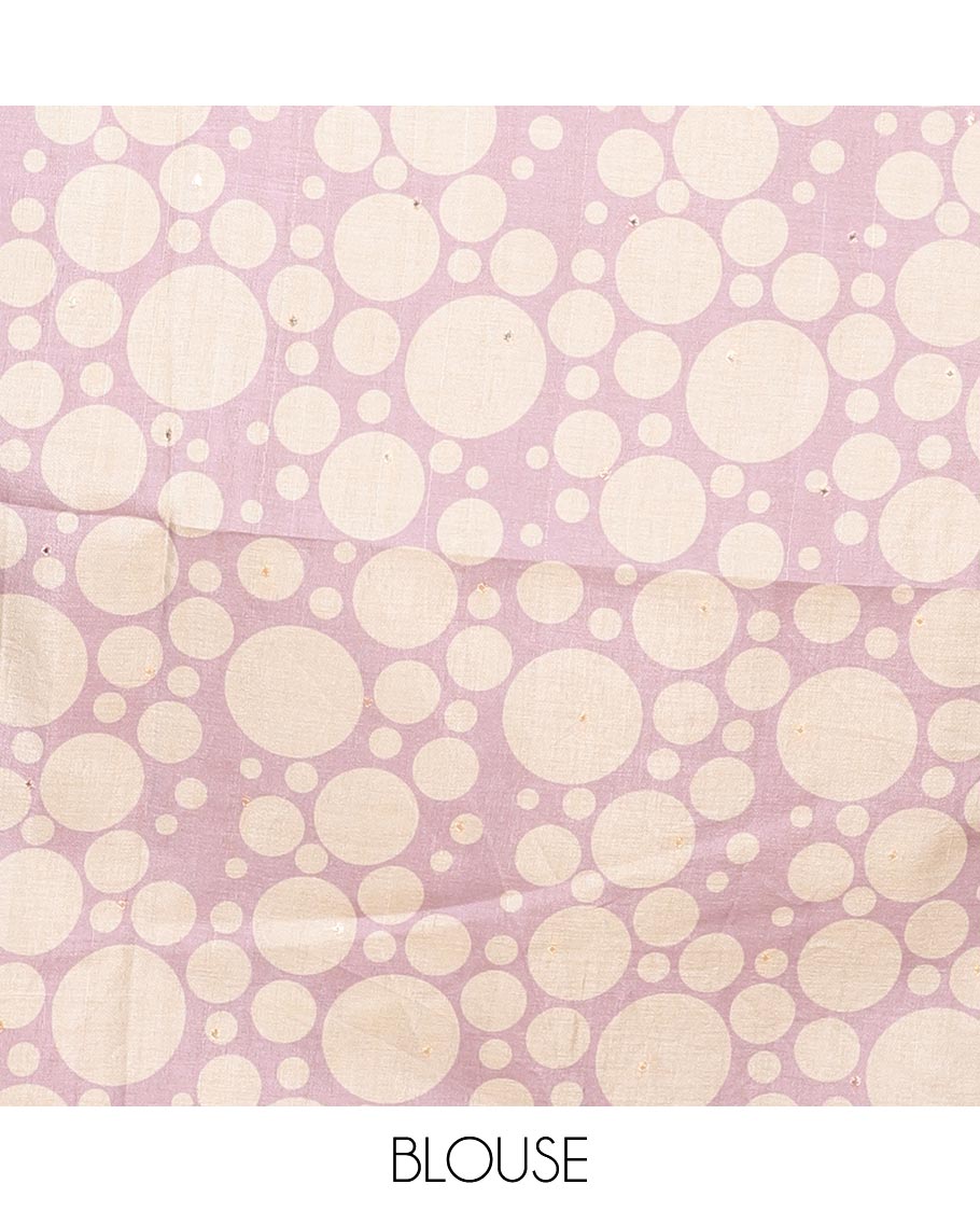 Chikku color with lavender stripes, block print fancy tussar silk saree with polka dot border & polka dot printed pallu along with printed blouse