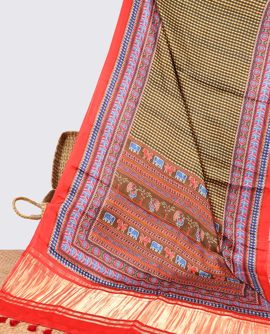 Multi color checked design semi-banaras printed saree with contrast geometric border & animal, geometric design pallu