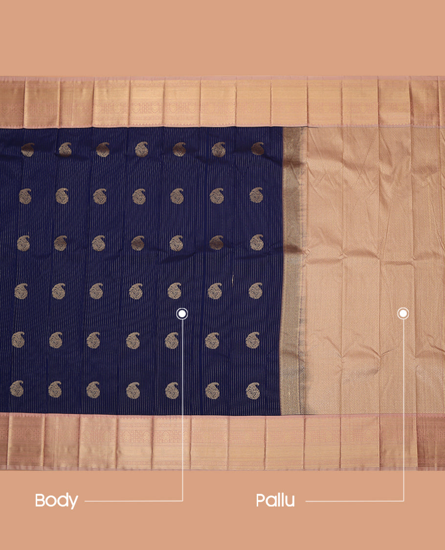 Navy Blue Budget Silk Saree, Featuring Zari Buttas and Stripes, Complemented by a Contrast Traditional Zari Border, Grand Jaal Pallu, and Contrast Blouse
