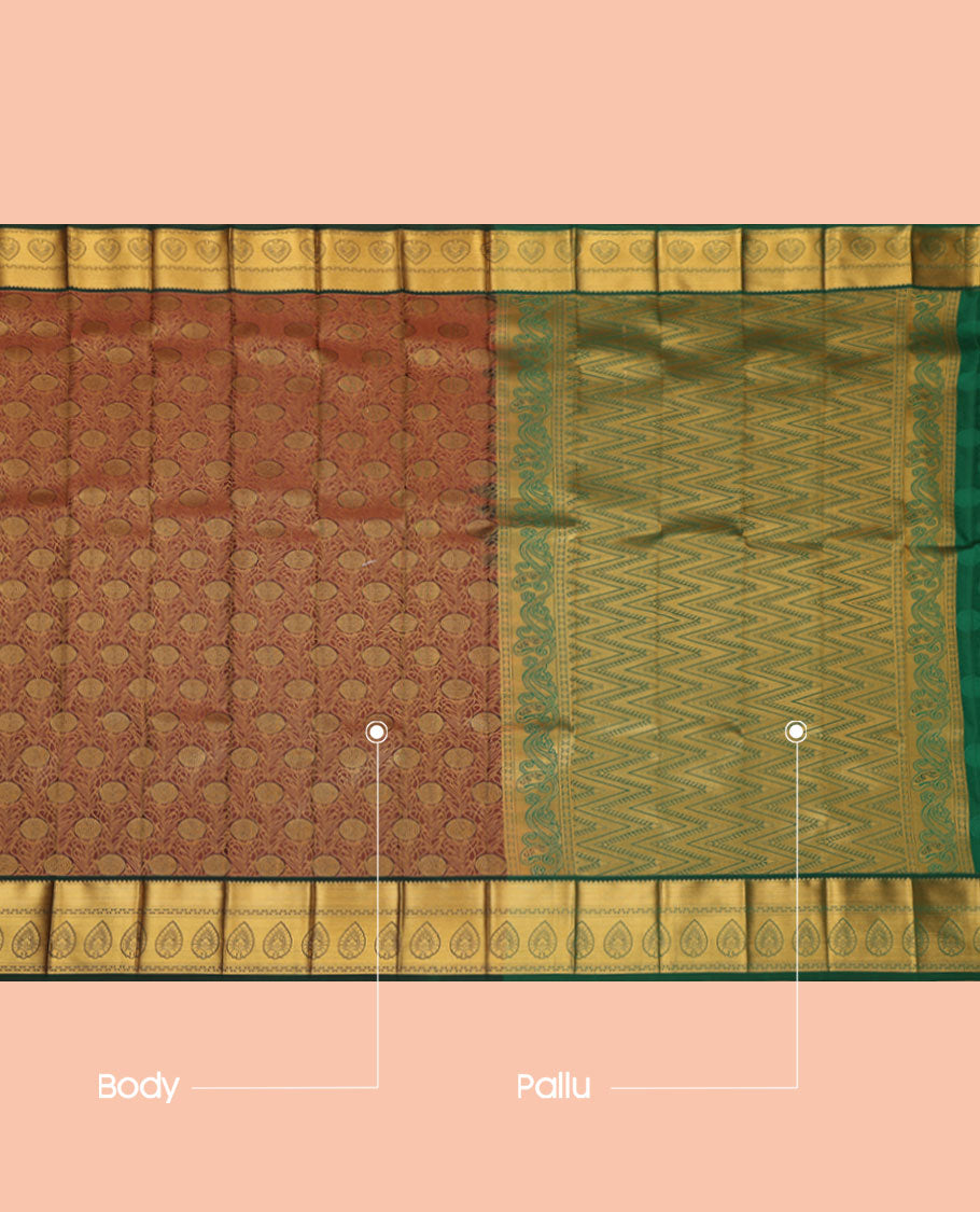 Brown Budget Silk Saree, Embellished with Jacquard Design, a Contrast Traditional Zari Border, Grand Pallu, and a Contrast Blouse