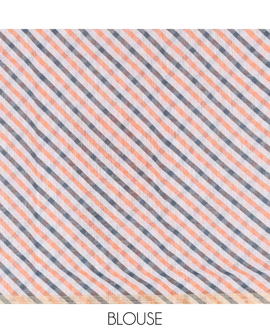 Grey sun and deer silhouette printed linen cotton saree, gold zari piping border, printed pallu, and a matching stripes printed blouse