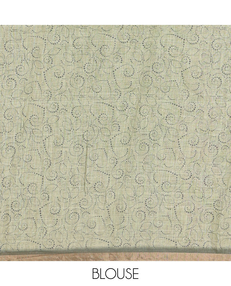 Green cute elephant motifs printed linen cotton saree, contrast chevron border, pallu of stripes and chevron, and contrast printed blouse