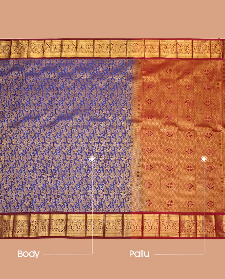 Blue Budget Silk Saree, Adorned with Floral Vine Design, Complemented by Contrast Traditional Zari Border, a Jaal Pallu and a Contrast Blouse
