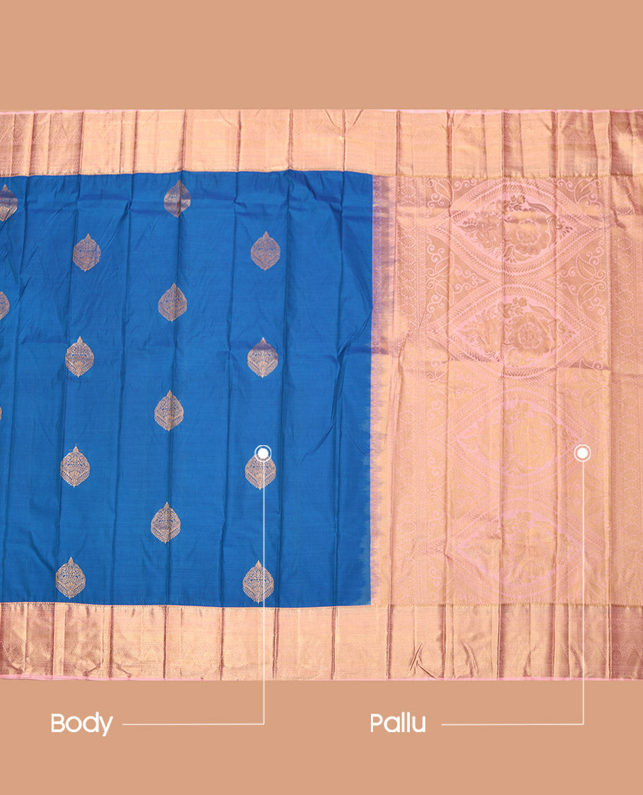 Blue Budget Silk Saree, Decked Up with Zari Buttas, Complemented by a Contrast Traditional Border, Grand Pallu, and a Contrast Blouse