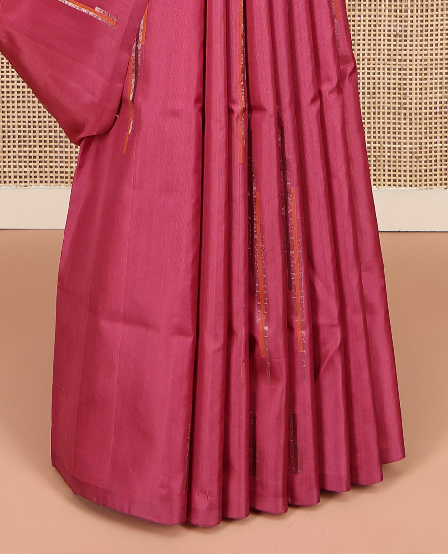 Borderless Pink Mayuri Soft Silk Saree, Woven with Geometric Buttas, Contrast Tri-Color Pallu, and a Matching Blouse