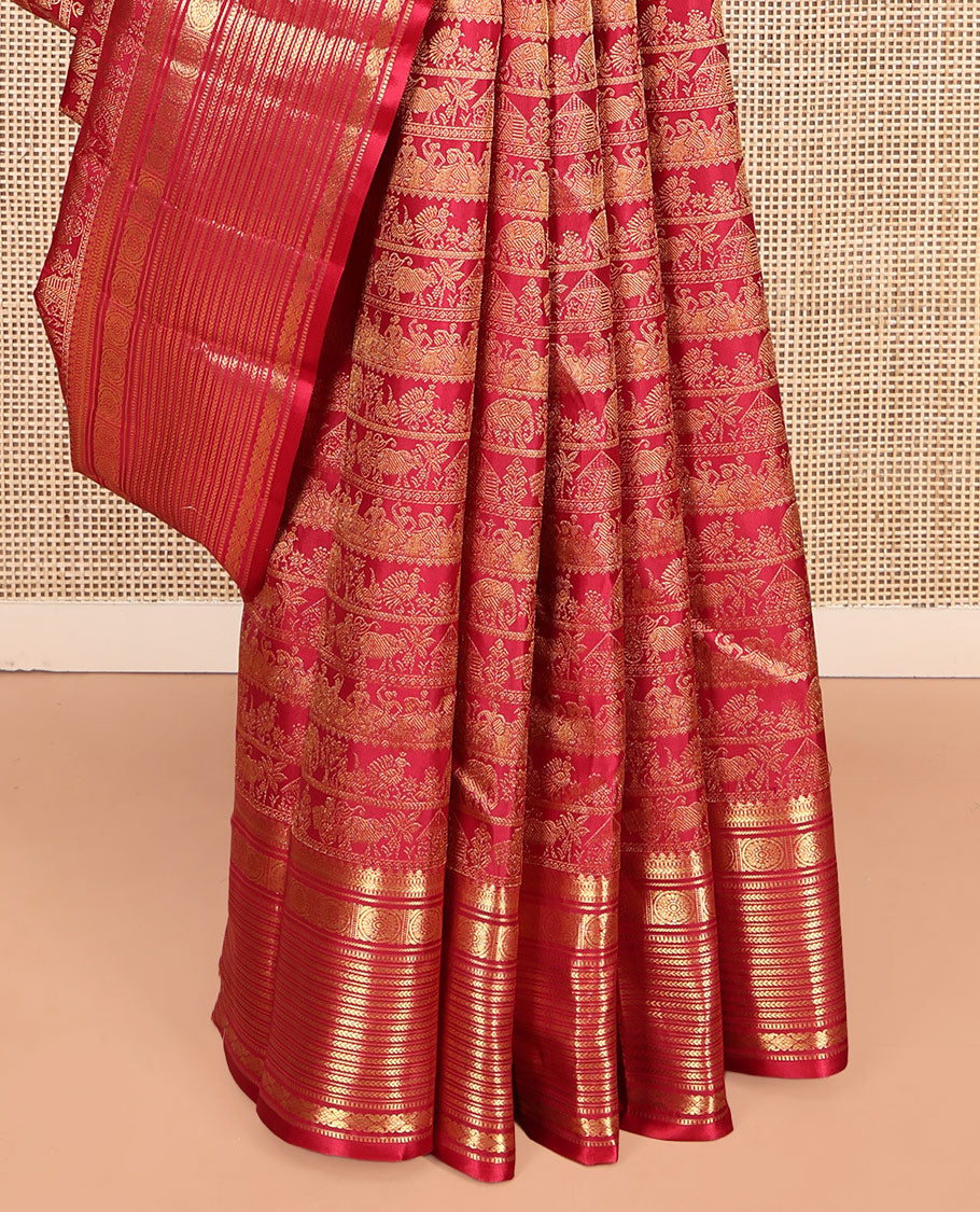 Red Kanchipuram Wedding Silk Saree, Charmingly Accented with Jacquard Design, a Zari Border of Salngai,muthu, Kathir, and Chakram Designs, Mayil Kann Pallu, and a Matching Blouse