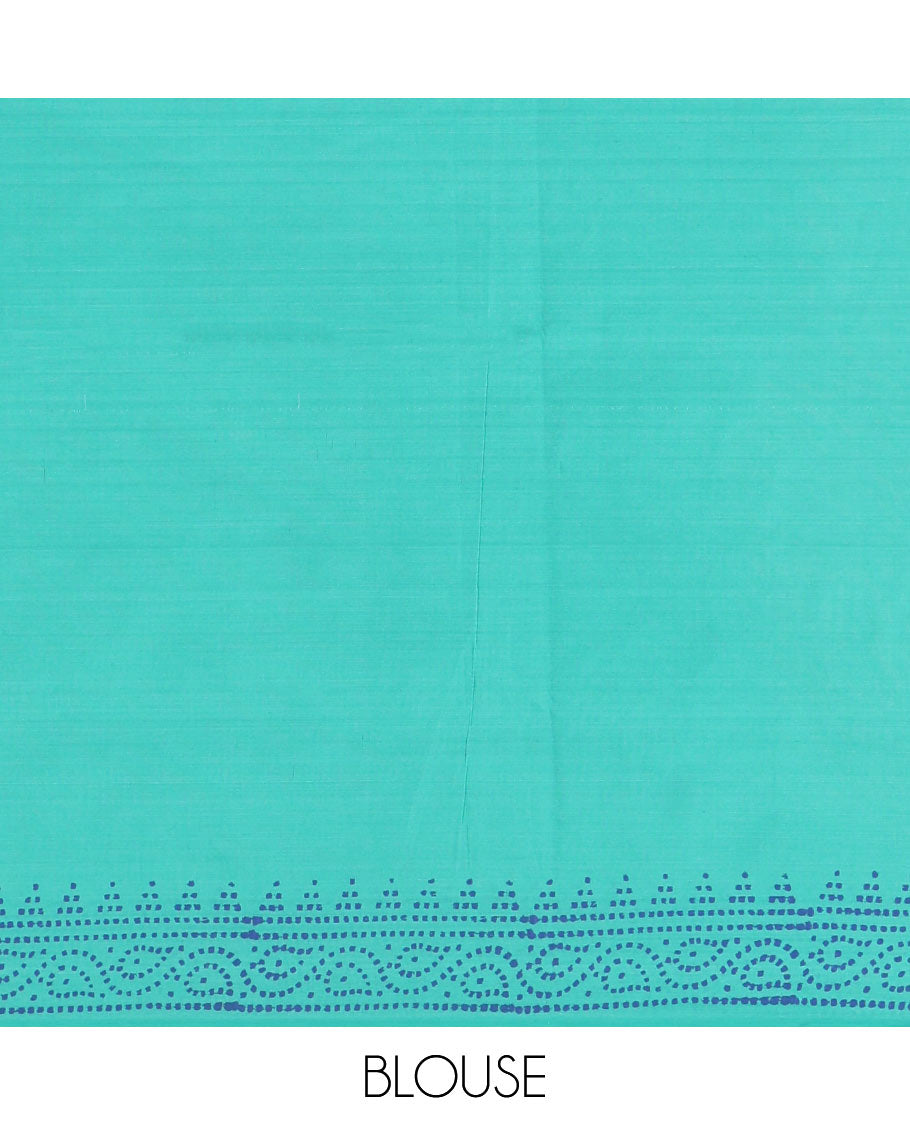 Borderless Blue kolam and kathakali motifs printed South cotton saree with a matching blouse, and a contrast floral motifs printed blouse