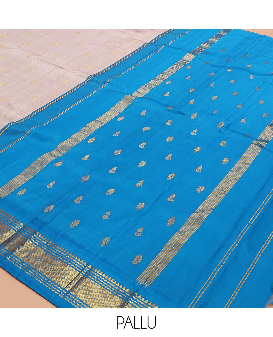 Grey Kanchipuram Silk Saree, Woven with Zari Buttas, a Contrast One-Sided Korvai Border of Rekku, Banaras, Muthu, and Mayil Kann Designs, Zari Design Pallu, and No Blouse