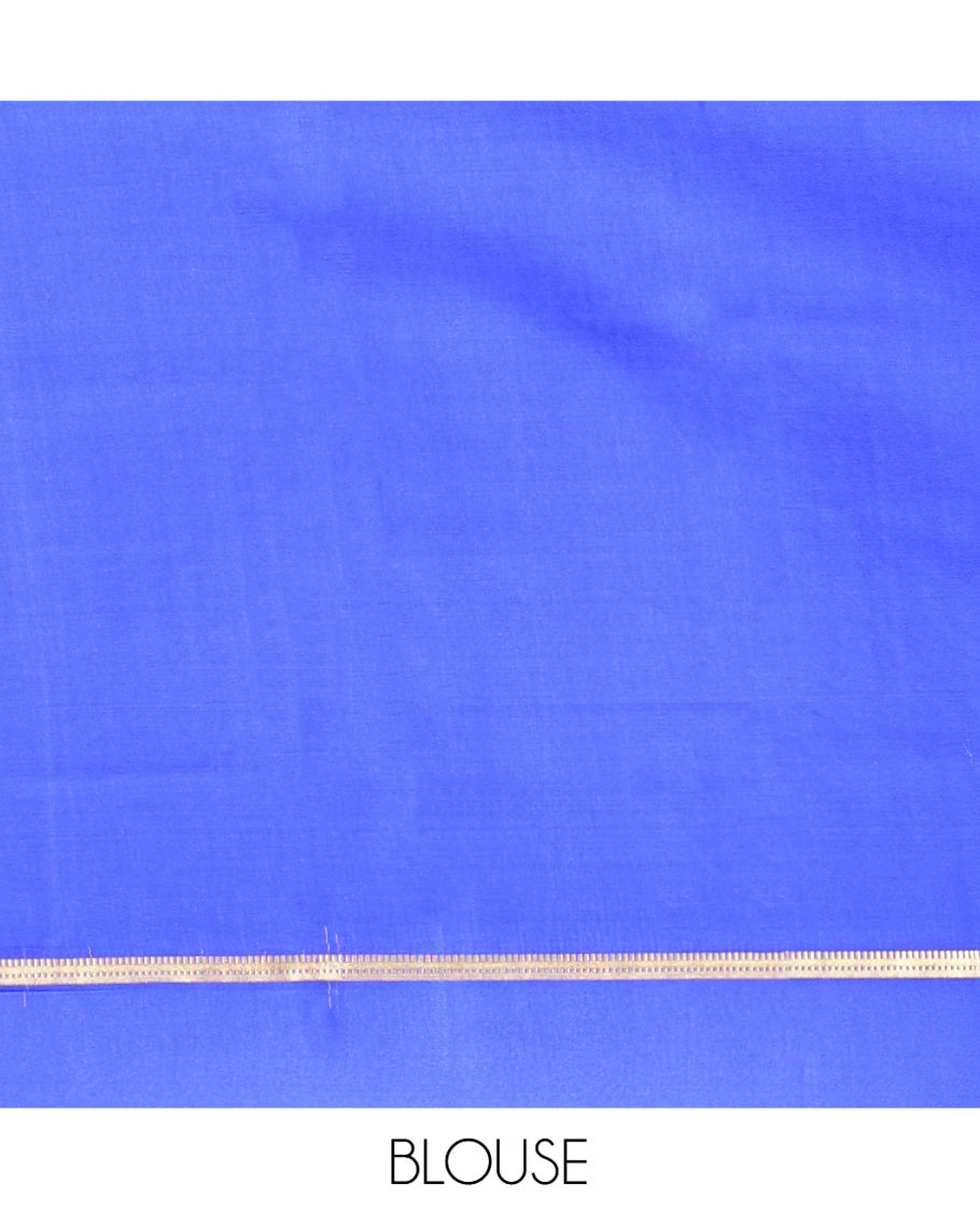 Blue Mysore Silk Saree, Adorned With Zari Stripes and Peacock Buttas Across Its Body, Complemented by Captivating Contrast Border of Traditional Zari Designs, Pallu Steeped with Traditional Zari Designs, and Paired with a Contrast Blouse