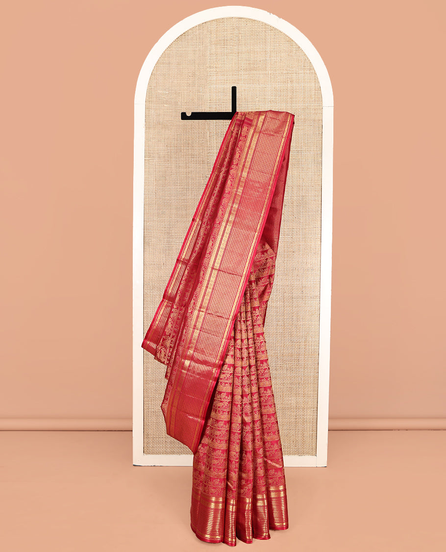 Red Kanchipuram Wedding Silk Saree, Charmingly Accented with Jacquard Design, a Zari Border of Salngai,muthu, Kathir, and Chakram Designs, Mayil Kann Pallu, and a Matching Blouse