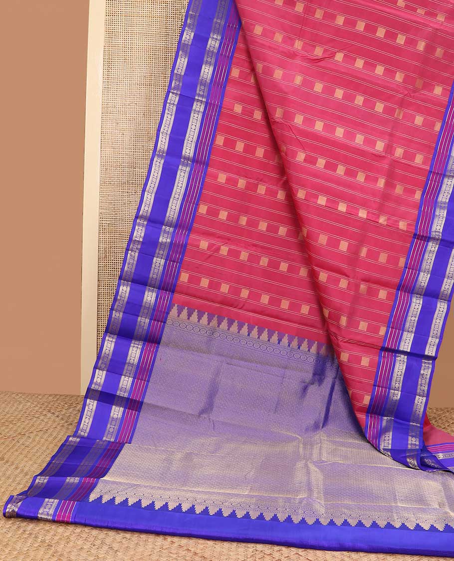 Pink geometric design silk saree with contrast border of muthu, kathir, paun design & geometric design pallu