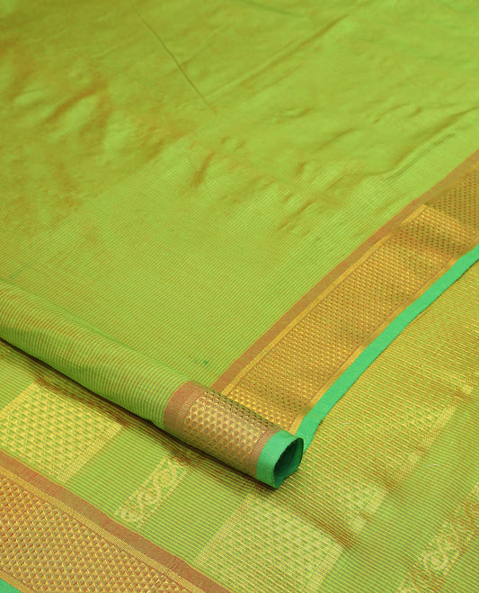 Light green nine yards cotton saree with contrast zari design border & traditional zari design pallu