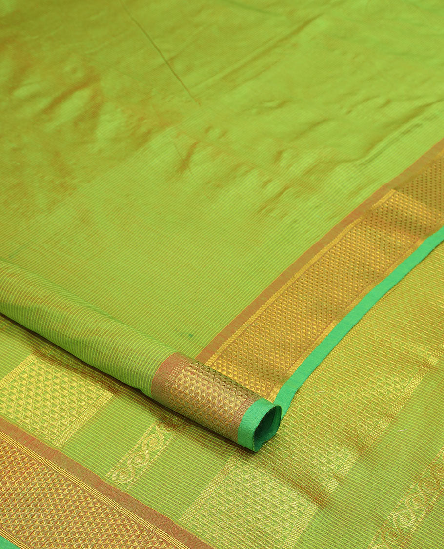 Light green nine yards cotton saree with contrast zari design border & traditional zari design pallu