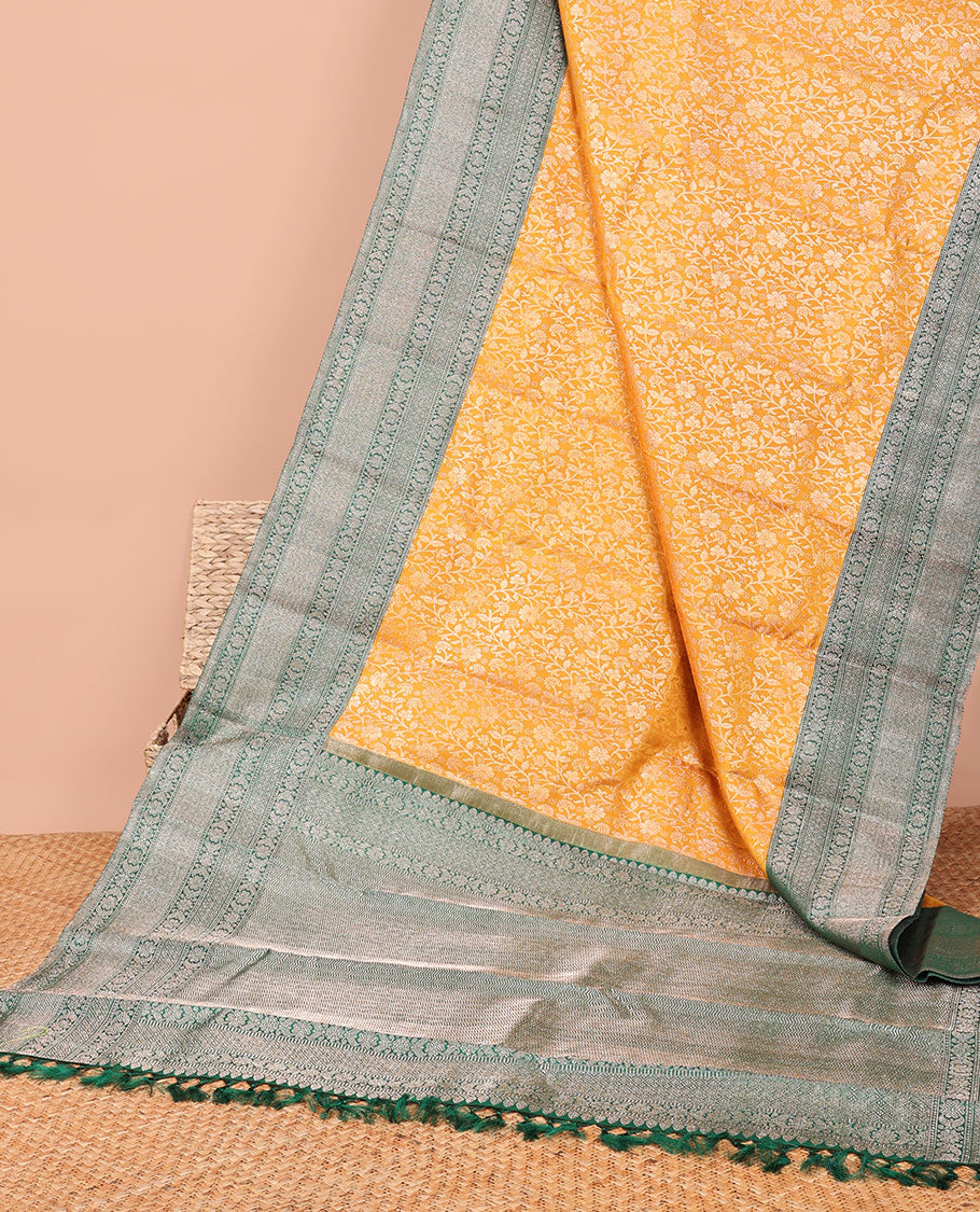 Orange floral jacquard samudrika silk saree with contrast korvai border of banaras, muthu, kathir design & zari design pallu