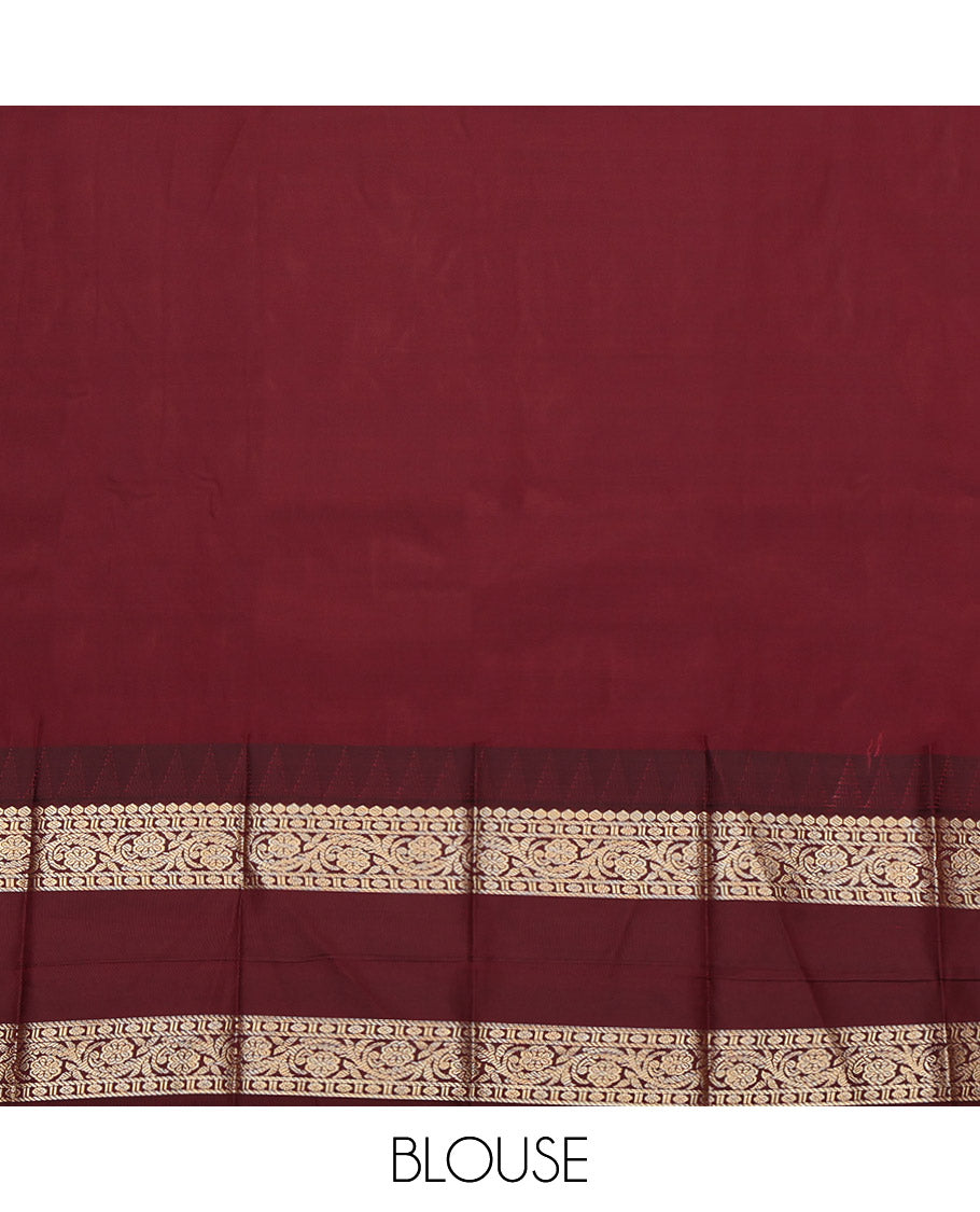 Pink Budget Silk Saree, Bedecked with Zari Buttas, Complemented by a Contrast Traditional Zari Design Rettai Pettu Temple Border, Grand Pallu, and a Contrast Blouse