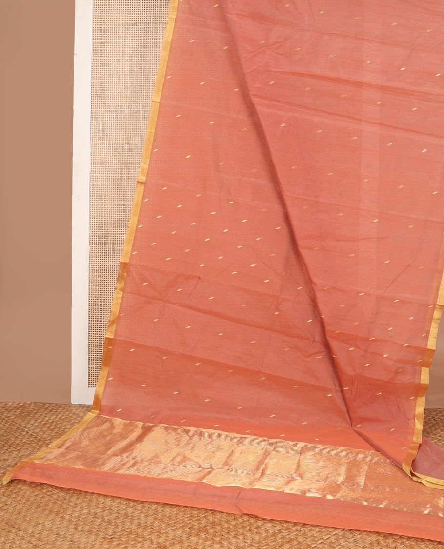 Orange motifs chanderi cotton saree with contrast zari border & striped pallu