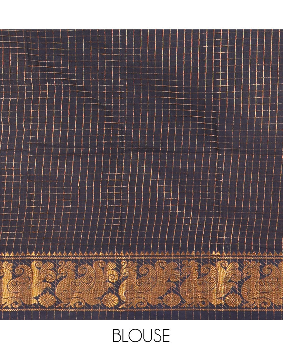 Yellow and Black Plain Sungudi Cotton Half-saree, Complemented by Captivating Contrast Traditional Zari Border of Temple, Peacock, and Elephant Designs, Paired with a Contrast Zari Checked Blouse, and Comes with a Zari-Bordered Vichitra Silk Dhavani