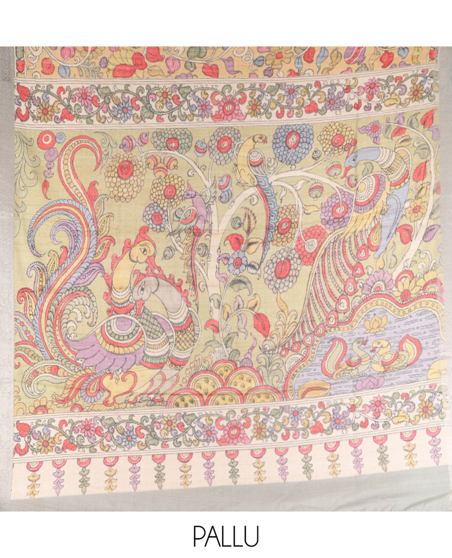 Light Sandal Kalamkari Printed Fancy Tussar Saree