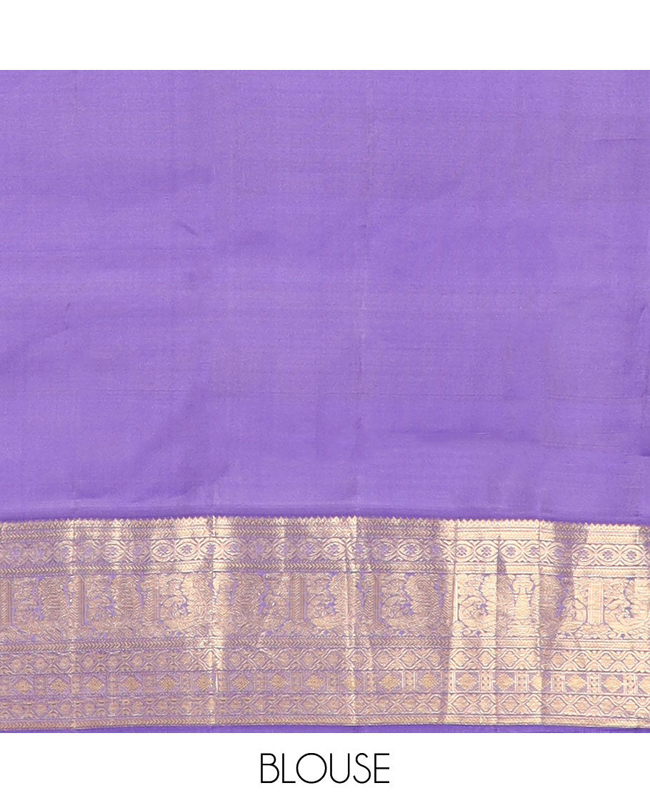 Yellow-blue striped & zari design vasundhara silkmix saree, contrast floral pallu & border of rekku,muthu,kathir & mayil