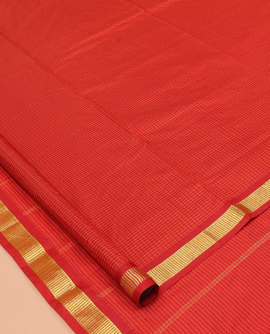 Red Checked Ten Yard Saree, a Subtle Zari Border, Pallu of Stripes, and No Blouse