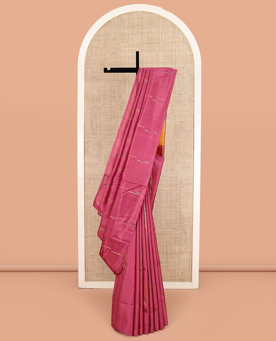 Borderless Pink Mayuri Soft Silk Saree, Woven with Geometric Buttas, Contrast Tri-Color Pallu, and a Matching Blouse
