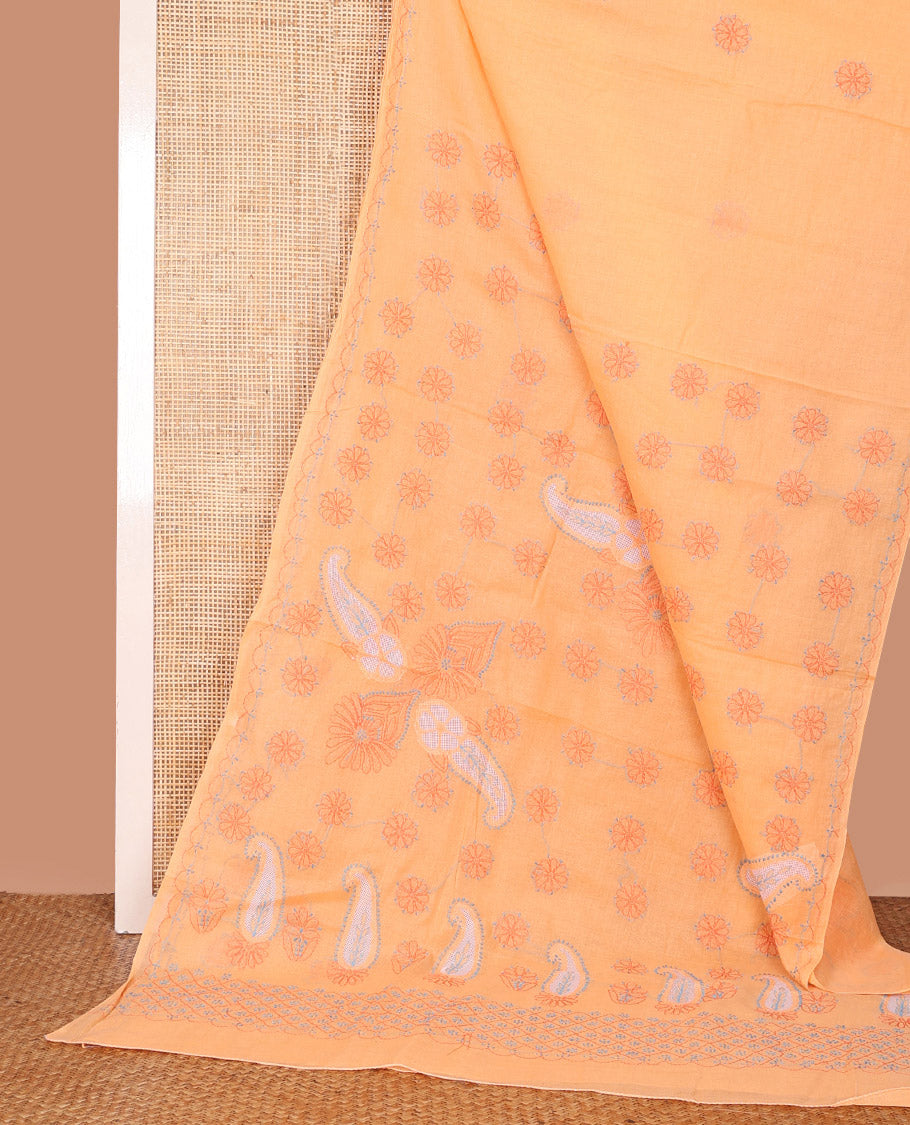 Orange Lucknowi Chikankari Cotton Saree, Subtly Sparkled with Floral Motifs Embroidery on Its Body, Subtle Embroidery Border, Pallu of Floral-Paisley Embroidery, and Comes Without a Blouse