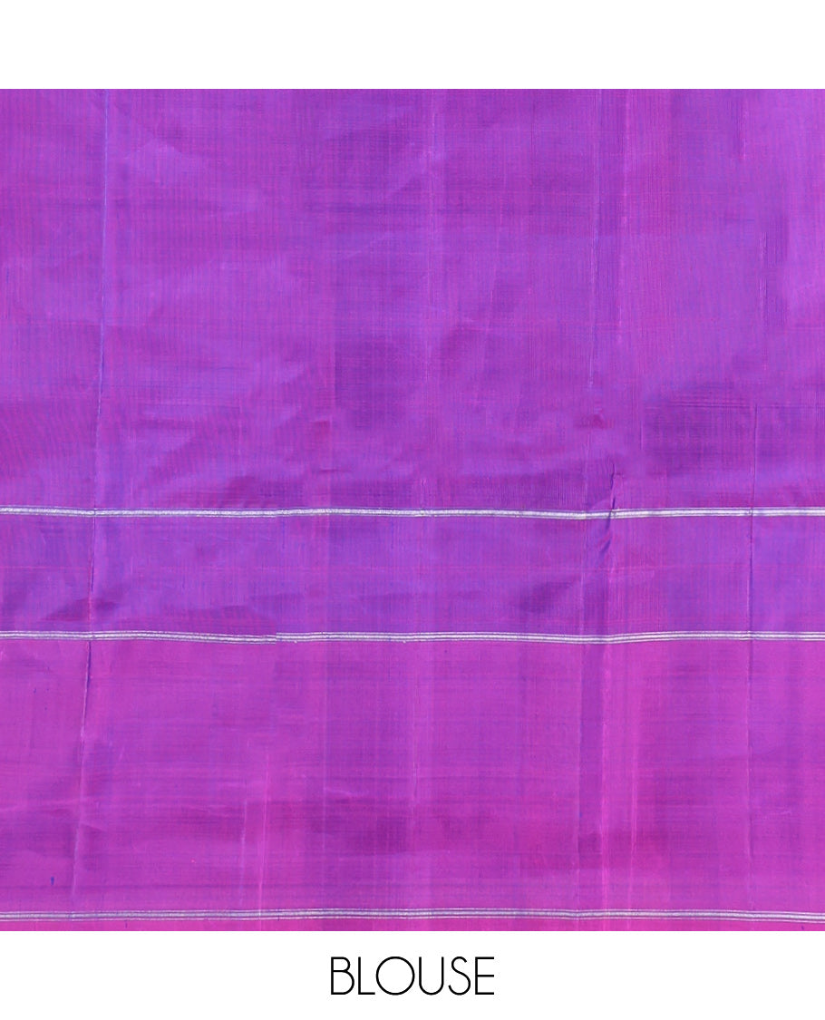 Blue Kanchipuram Silk Saree, Prettified with Chakram and Pakshi Buttas, Complemented by a Contrast Border, Iruthalai Pakshi Motif Woven Pallu, and a Contrast Blouse