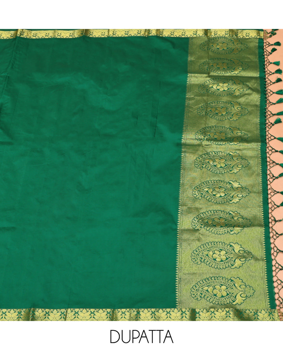 Red Art Silk Material Half Saree, Opulently Embellished with Jacquard Skirt, a Contrast Traditional Zari Border, Contrast Blouse, and an Intricate Dhavani