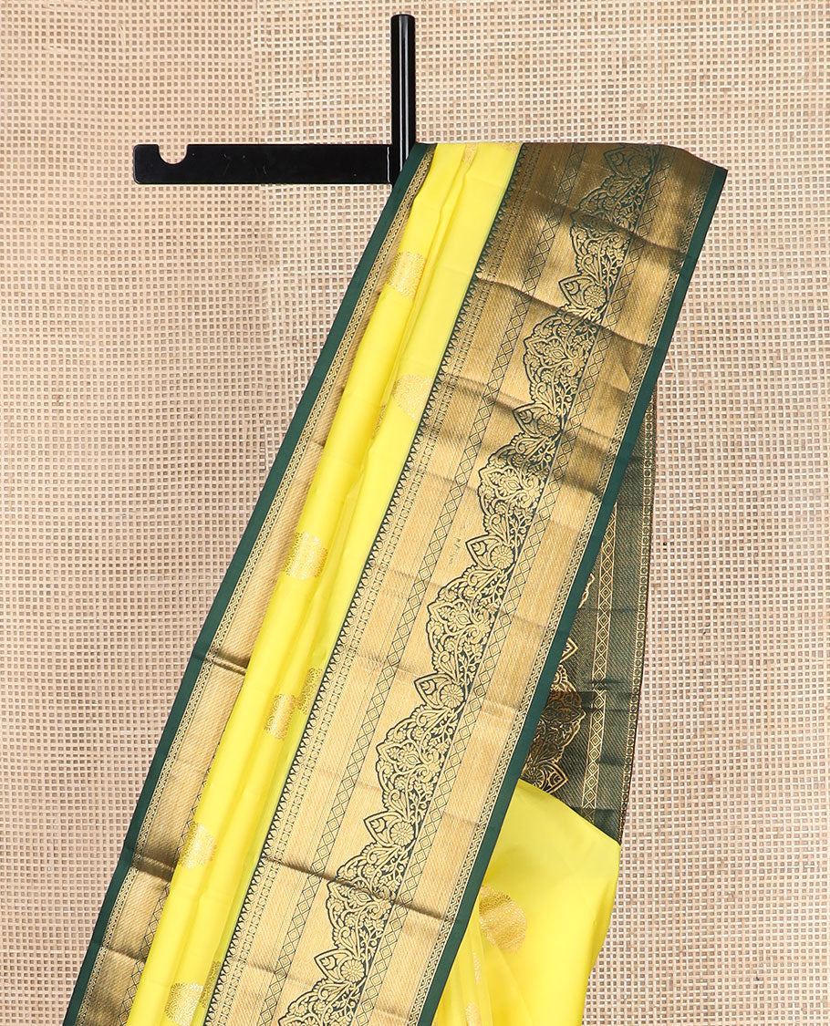 Yellow zari buttas vasundhara silkmix saree, contrast intricate pallu & border of thilakam,rudraksham,diamond & floral design