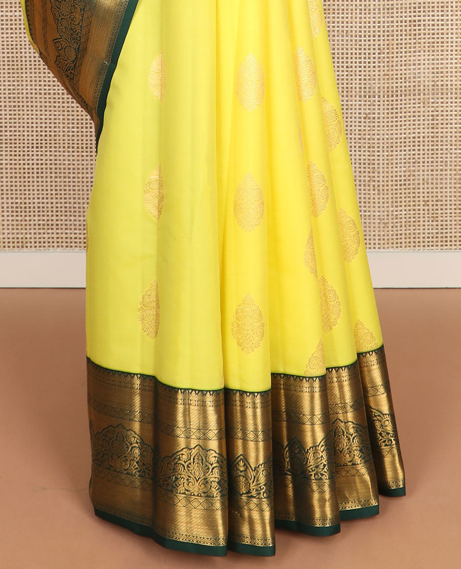 Yellow zari buttas vasundhara silkmix saree, contrast intricate pallu & border of thilakam,rudraksham,diamond & floral design
