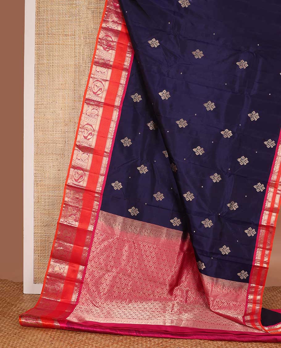 Blue zari buttas silk saree, contrast border of Muthu, rudraksham, mayil kann, poun, kamalam, manga and mayil and jaal pallu