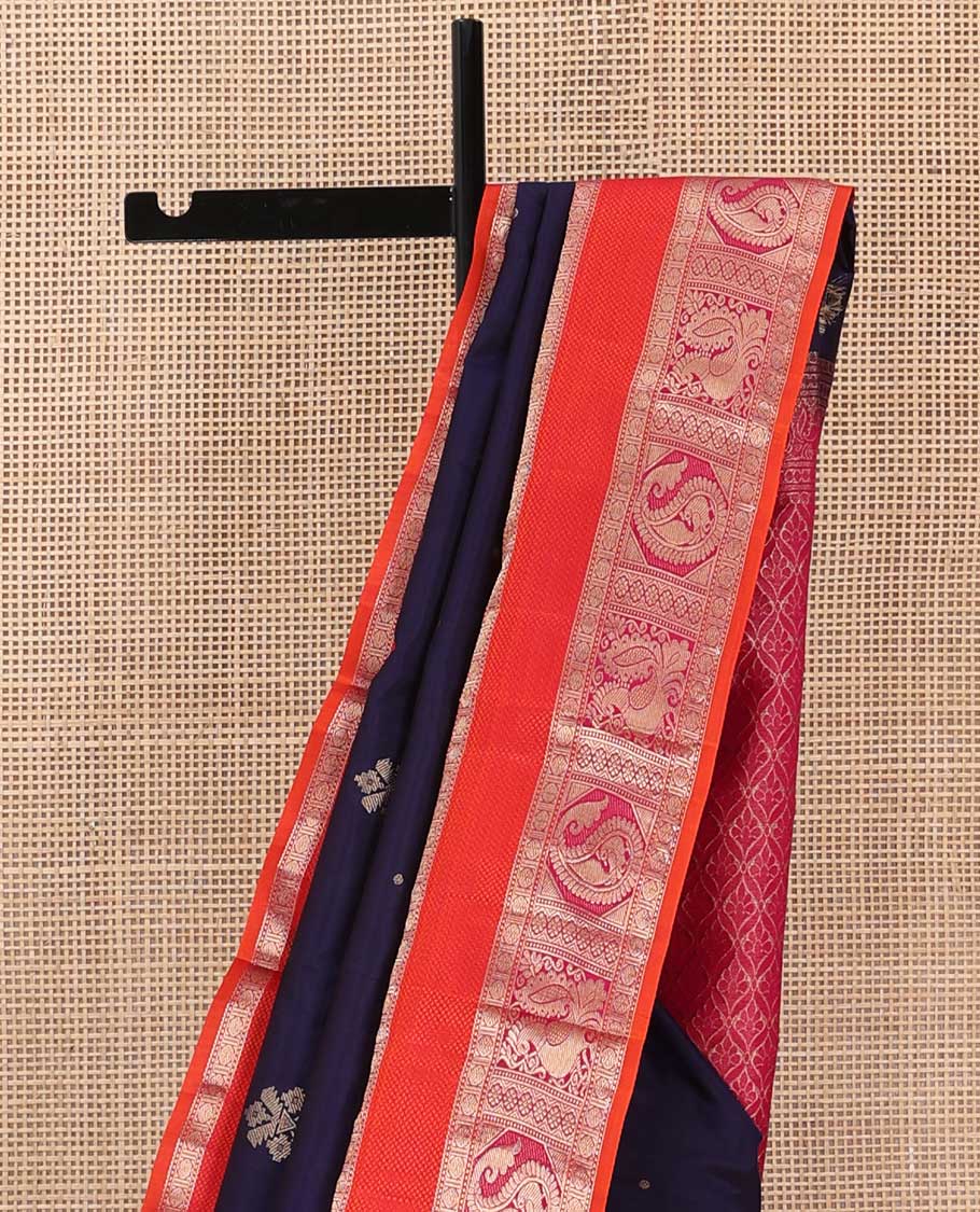 Blue zari buttas silk saree, contrast border of Muthu, rudraksham, mayil kann, poun, kamalam, manga and mayil and jaal pallu