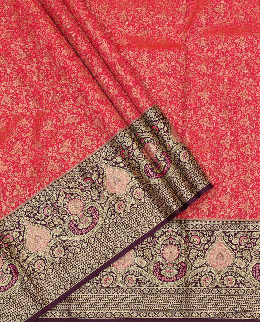 Pink Art Silk Pavadai Material, Ornamented with Jacquard Design, Contrast Mughal-Style Design Border, and Comes with a Contrast Blouse