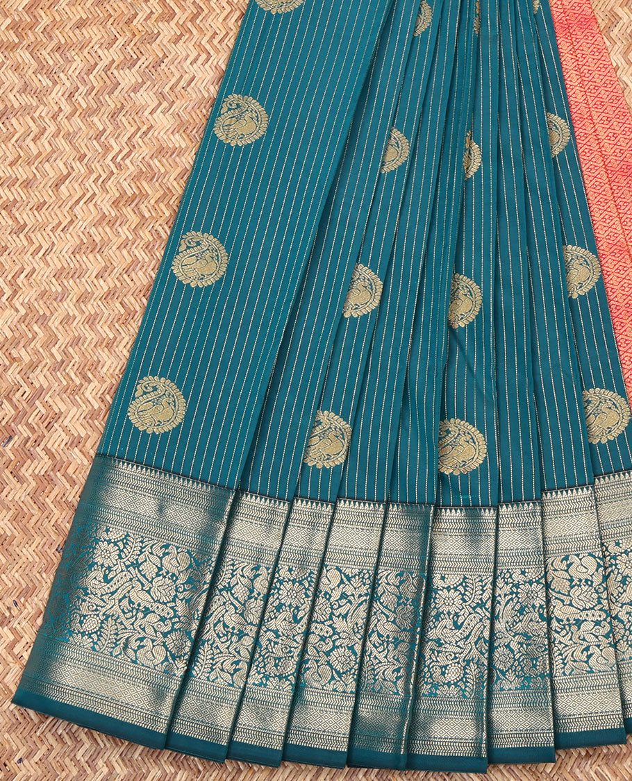 Blue Budget Silk Saree, Woven with Zari Stripes and Paisley Buttas All Over Its Body, Highlighted by a Traditional Zari Design Border, Contrast Pallu of Jaal Designs, and Paired with a Contrast Blouse