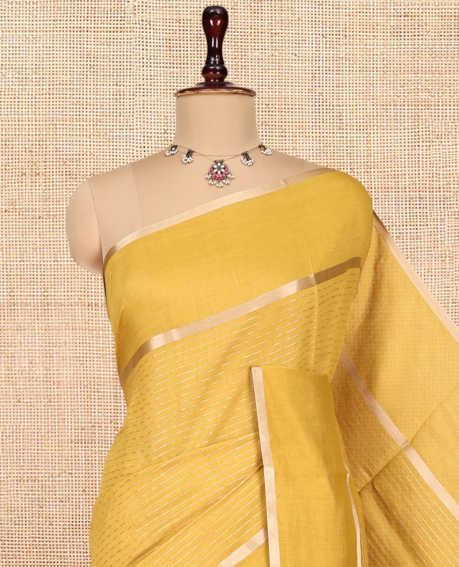 Mustard Assam Silk Saree, Mesmerized with Zari Stripes, Highlighted by a Zari Border, Zari-Striped Pallu, and a Matching Blouse