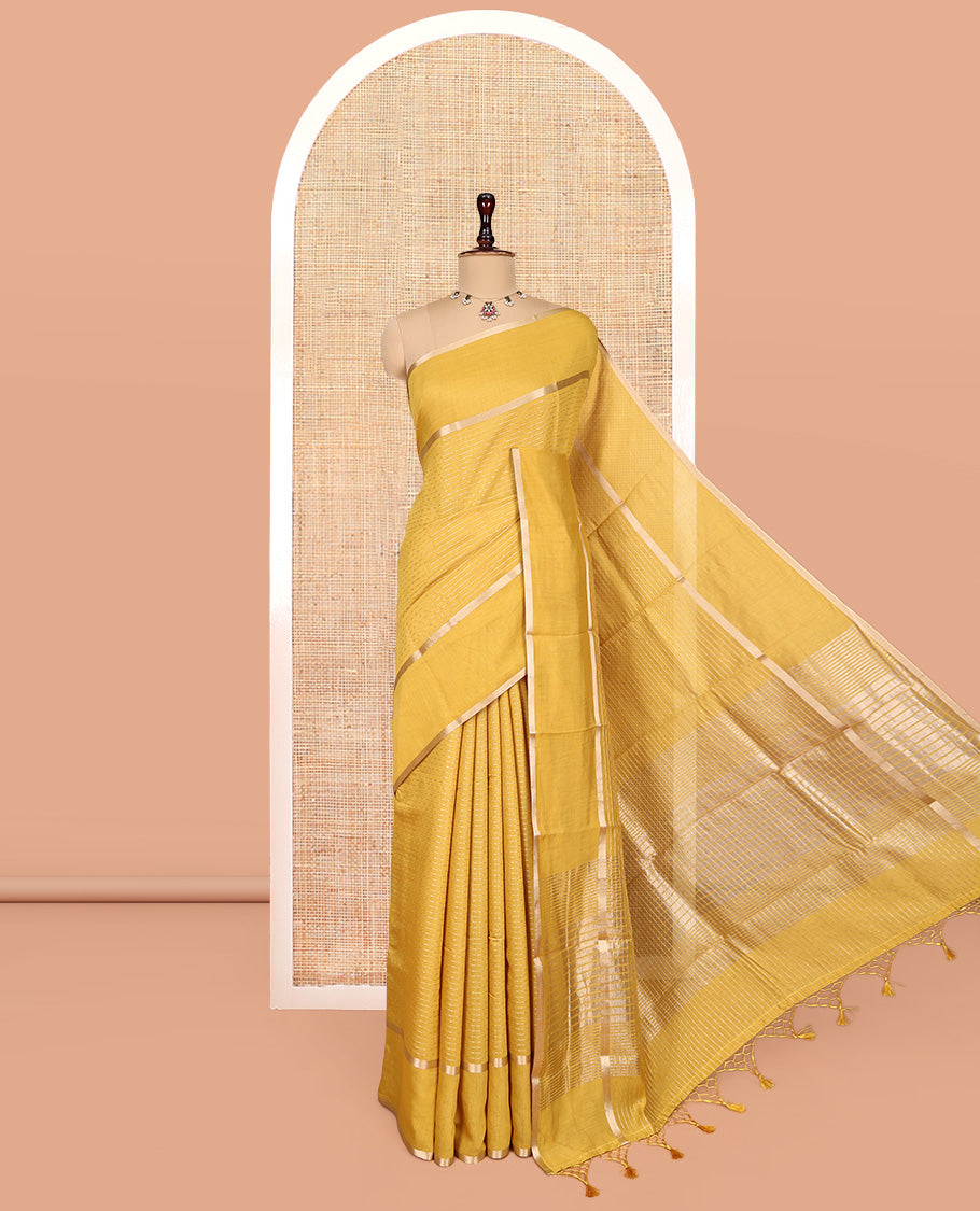 Mustard Assam Silk Saree, Mesmerized with Zari Stripes, Highlighted by a Zari Border, Zari-Striped Pallu, and a Matching Blouse