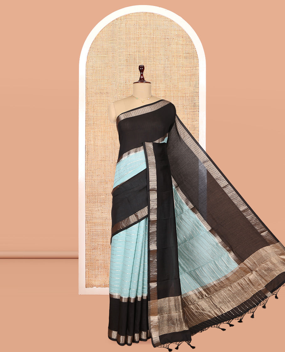 Blue Assam Silk Saree, Delicately Woven with Zari Stripes, Complemented by Contrast Big Zari Border, Zari Woven Pallu, and Contrast Blouse