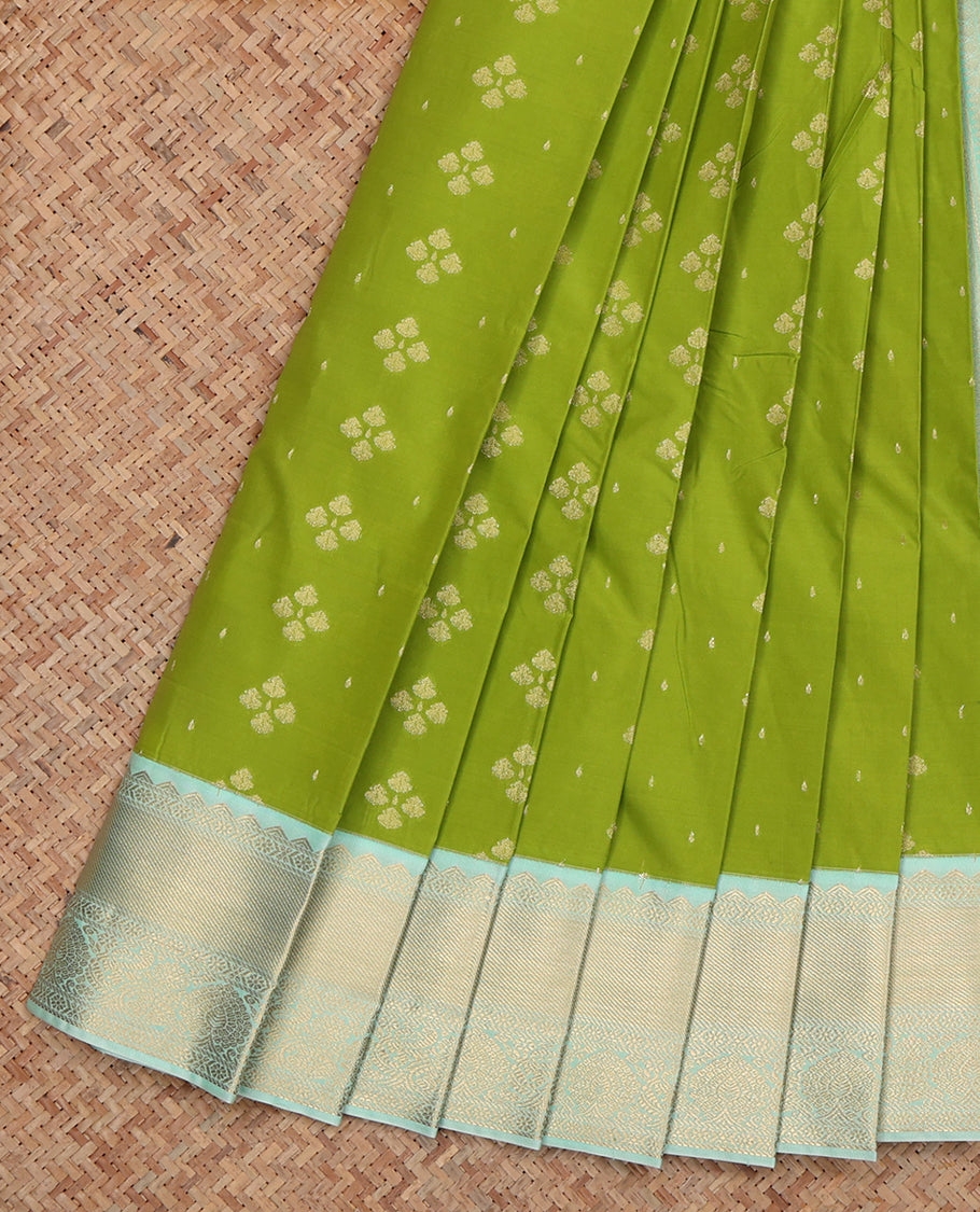 Green Budget Silk Saree, Enriched with Zari Buttas, Complemented by a Contrast Traditional Zari Border, Grand Pallu, and Contrast Blouse