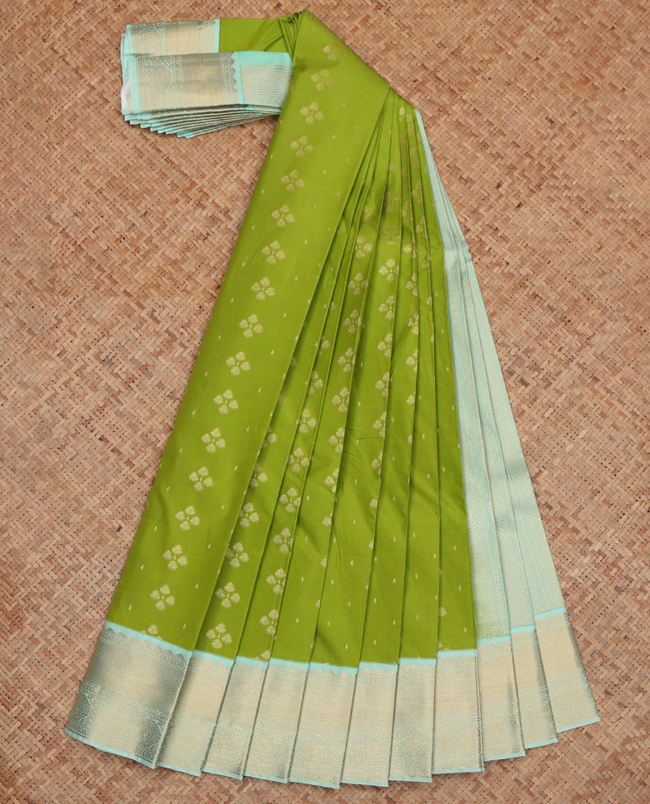 Green Budget Silk Saree, Enriched with Zari Buttas, Complemented by a Contrast Traditional Zari Border, Grand Pallu, and Contrast Blouse