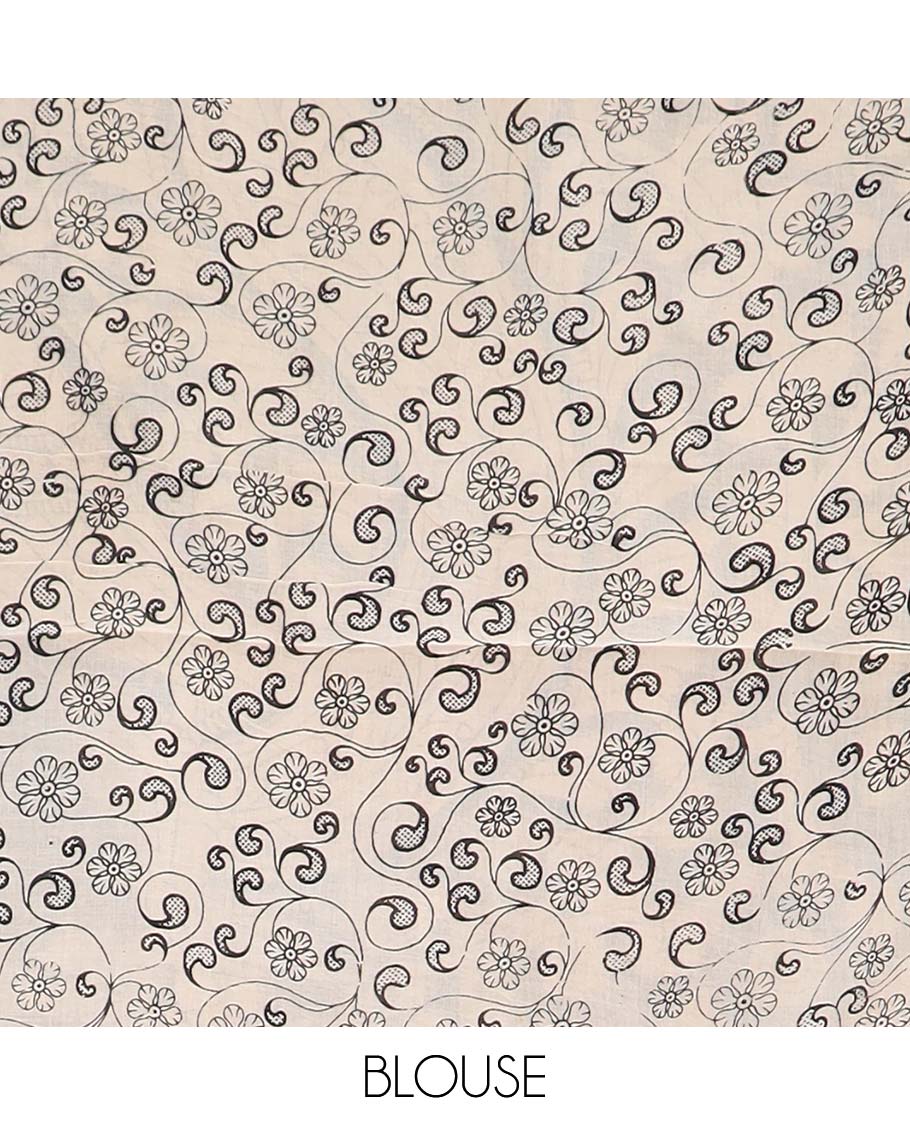 Grey floral vine machine printed kalamkari cotton saree, contrast floral-pot motifs printed border, and pallu of peacock print