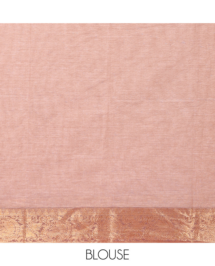 Pale brown plain kanchi cotton saree, contrast traditional zari border, and striped pallu