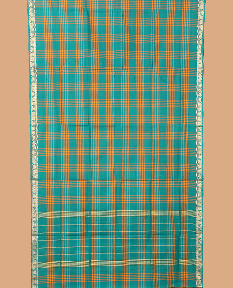 Green checked nine-yard cotton saree, floral design border, and pallu of stripes