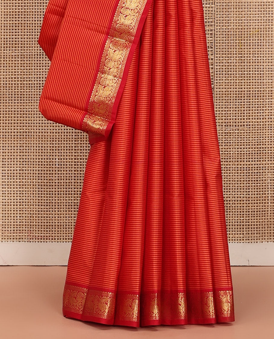 Orange Vazhaipoo Striped Kanchipuram Silk Saree, Complemented by a Contrast Border Featuring Rekku, Muthu, and Mayil Designs, Sparsely Zari Woven Pallu, and Paired with a Contrast Blouse