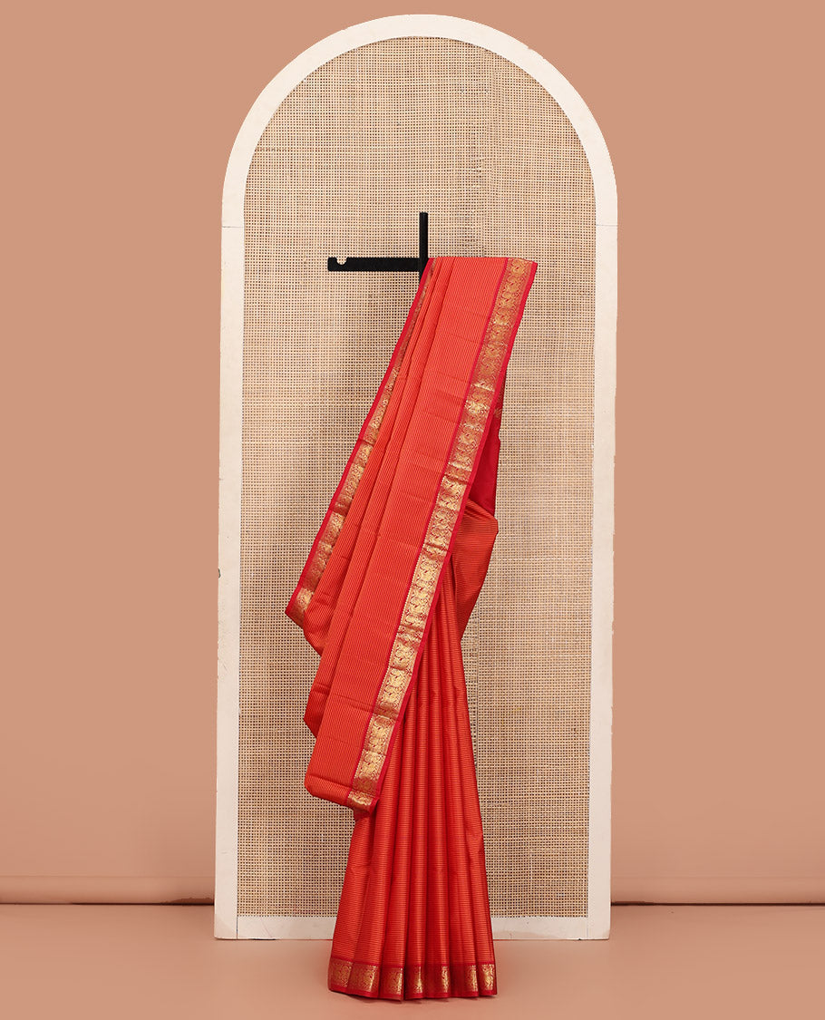 Orange Vazhaipoo Striped Kanchipuram Silk Saree, Complemented by a Contrast Border Featuring Rekku, Muthu, and Mayil Designs, Sparsely Zari Woven Pallu, and Paired with a Contrast Blouse