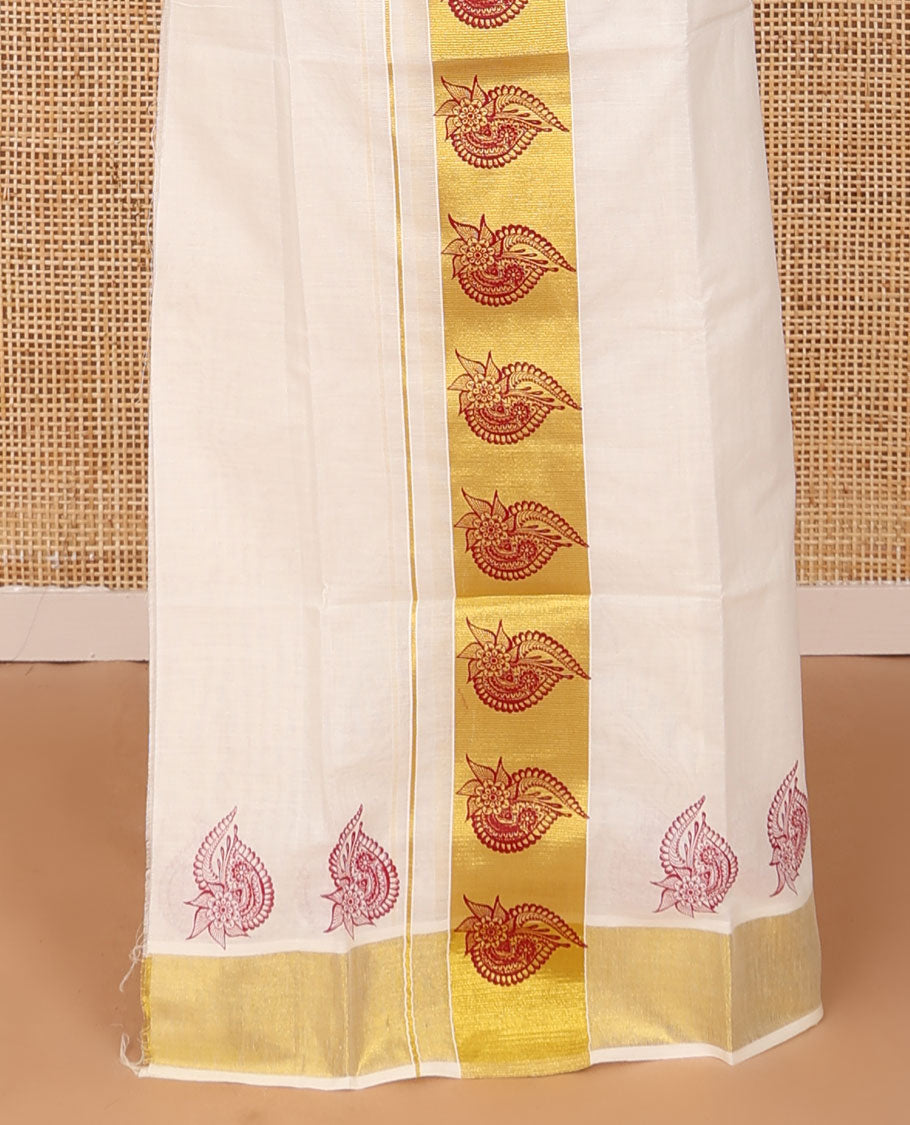 Cream unique motifs printed Kerala mundu set with zari printed border