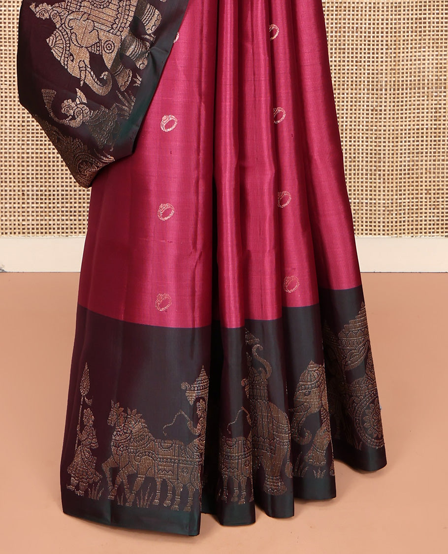 Pink Mayuri Soft Silk Saree, Enriched with Ring Motifs All Over Its Body, Complemented by Contrast Border of King-Queen in Wedding Palanquin Designs, Pallu Depicts Wedding Motifs, and Paired with a Contrast Blouse