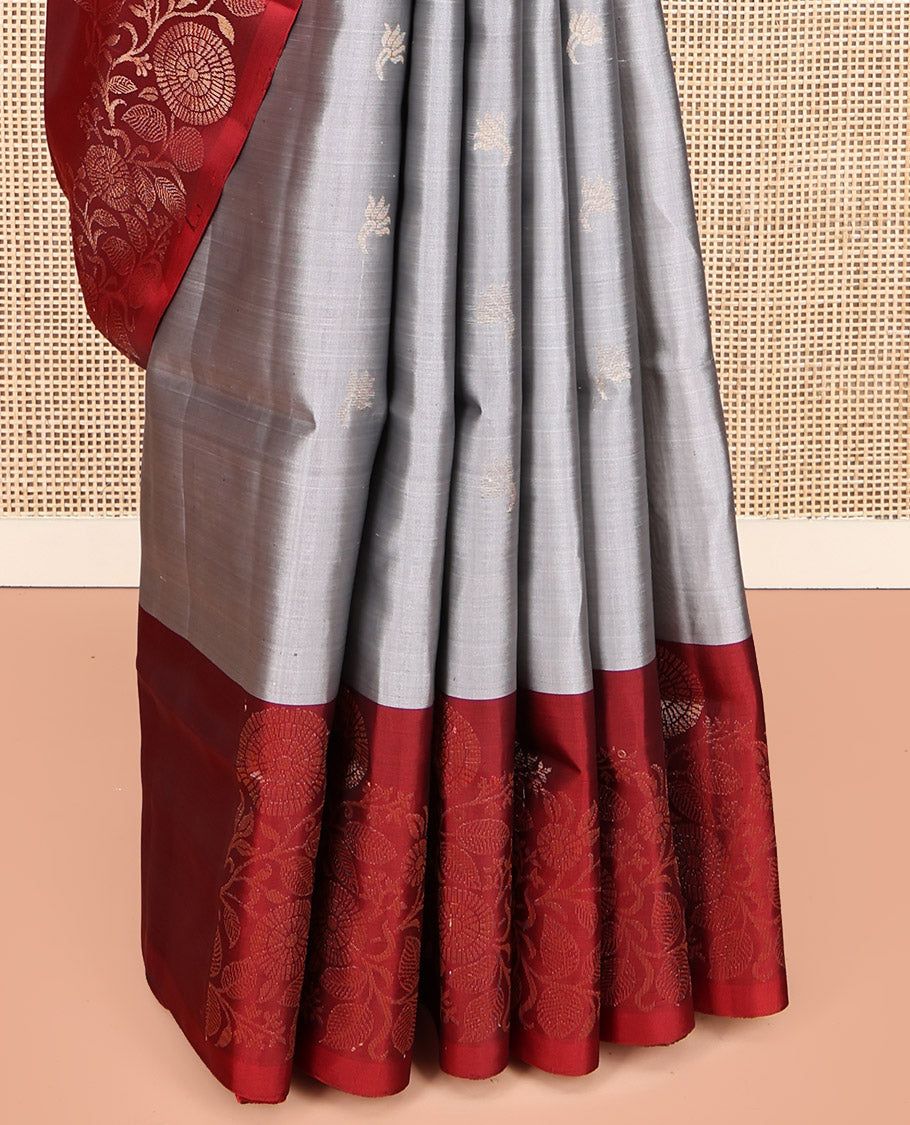 Grey Mayuri Lite Silk Mix Saree, Sparsely Threaded with Buttas, Complemented by Contrast Floral Design Border, Intricate Design Pallu, and Contrast Blouse