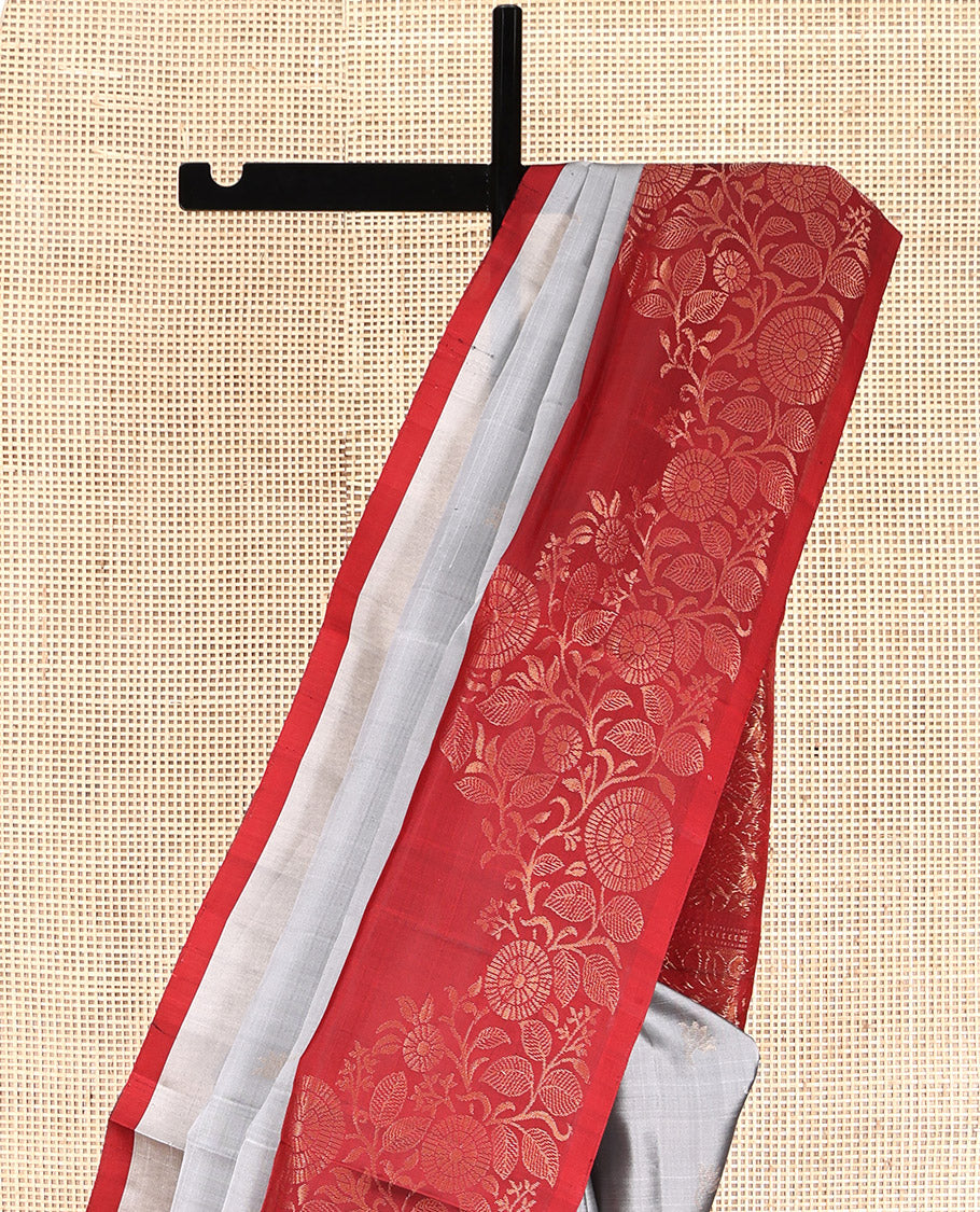 Grey Mayuri Lite Silk Mix Saree, Sparsely Threaded with Buttas, Complemented by Contrast Floral Design Border, Intricate Design Pallu, and Contrast Blouse